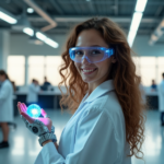 "Unlocking Science's Potential: The Intersection of Tech and Innovation for a Smarter Tomorrow" A futuristic laboratory scene featuring a young female scientist in a white lab coat standing near a robotic arm holding a glowing blue orb amidst cutting-edge technology and innovative equipment, highlighting the potential for science to shape humanity's future beyond cryptocurrency innovations.