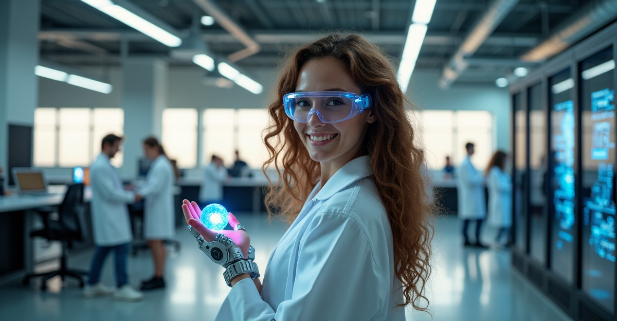 A futuristic laboratory scene featuring a young female scientist in a white lab coat standing near a robotic arm holding a glowing blue orb amidst cutting-edge technology and innovative equipment, highlighting the potential for science to shape humanity's future beyond cryptocurrency innovations.