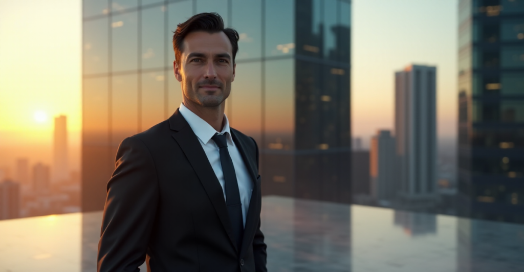 "Confident businessman standing in front of a modern glass skyscraper at dusk, conveying success and prosperity in the digital age, with subtle hints of cryptocurrency innovation."