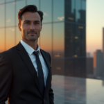 "Building a Thriving Crypto Business Roadmap: Expert Strategies for Success in the Digital Age" "Confident businessman standing in front of a modern glass skyscraper at dusk, conveying success and prosperity in the digital age, with subtle hints of cryptocurrency innovation."