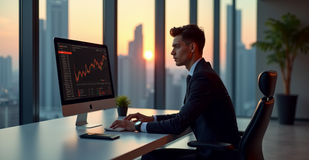 A young professional sits confidently behind a desk in a modern office space with cityscape views, surrounded by cryptocurrency-related technology, conveying expertise and success amidst growing crypto adoption trends 2025.
