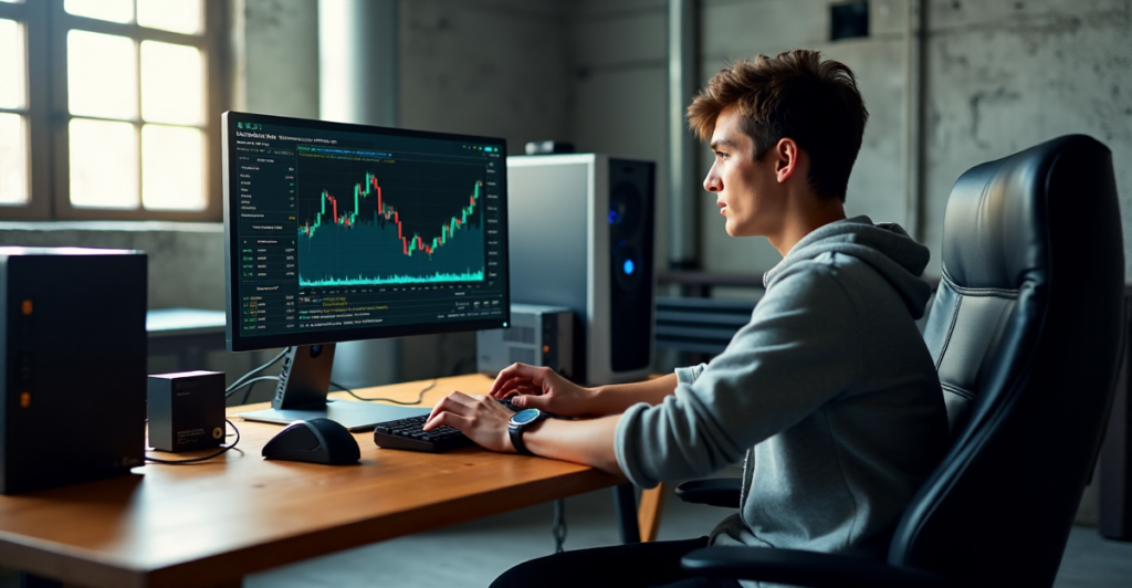 "A young adult sits in front of a computer setup, surrounded by cryptocurrency mining equipment, intently watching market trends on a large monitor."