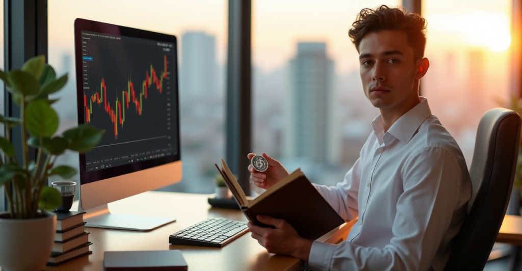 A young adult sits confidently at a desk, surrounded by financial resources, with a cryptocurrency chart on their computer monitor, conveying mastery over complex concepts related to crypto adoption trends 2025.