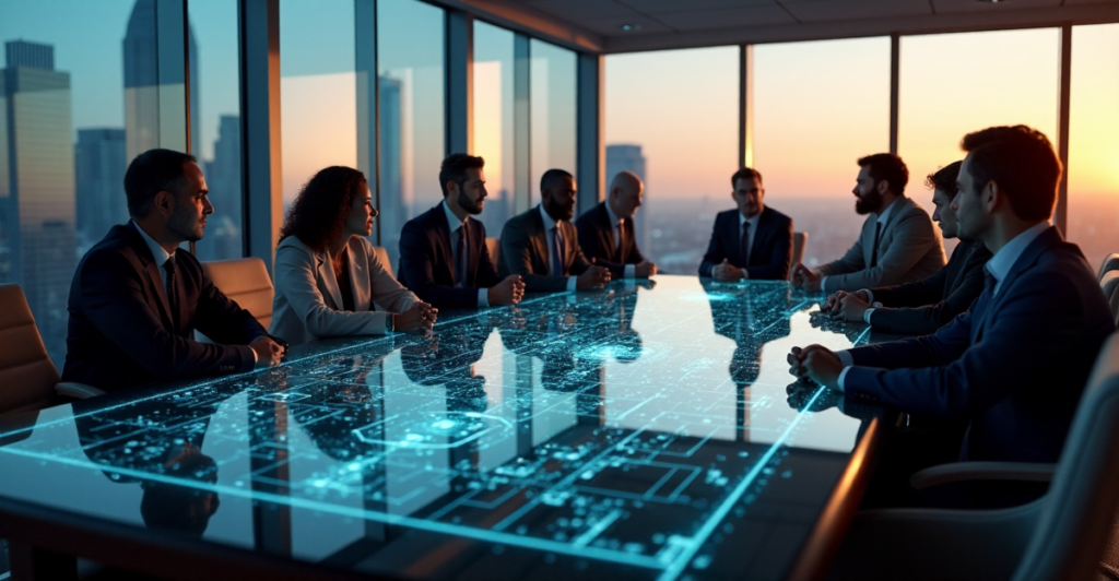 "Diverse professionals from various ethnicities and ages collaborate in a modern office, analyzing blockchain network diagrams on a high-resolution screen, amidst warm golden hour light and cityscape reflections."
