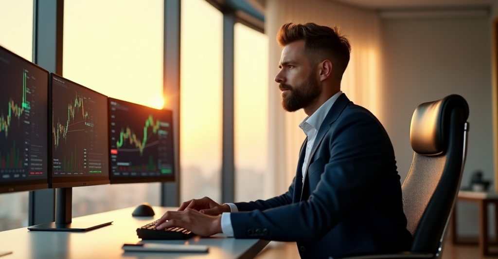 "A skilled cryptocurrency trader sits confidently in front of a modern trading terminal, poised to execute trades amidst a luxurious office space with a stunning city view."