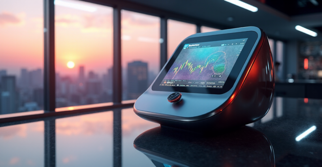 "A futuristic cryptocurrency trading terminal in a high-tech laboratory setting, reflecting cityscape hues at sunset."