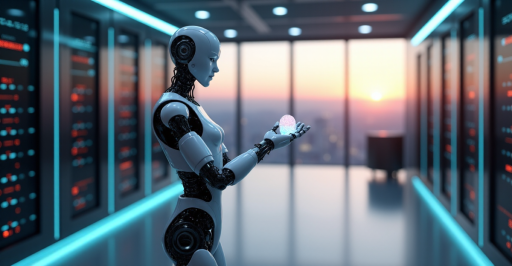 "A futuristic insurance office featuring a robotic arm integrated with blockchain technology, surrounded by high-tech servers and data storage units."