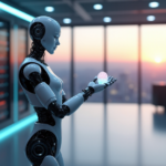 "Blockchain Revolutionizes Insurance: Transforming Industry with Smart Contracts and Decentralized Data" "A futuristic insurance office featuring a robotic arm integrated with blockchain technology, surrounded by high-tech servers and data storage units."