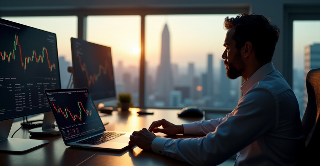 "A cryptocurrency trader sits intensely in a dimly lit office, hands poised over a laptop displaying a rapidly changing stock market graph."