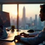 "A cryptocurrency trader sits intensely in a dimly lit office, hands poised over a laptop displaying a rapidly changing stock market graph."