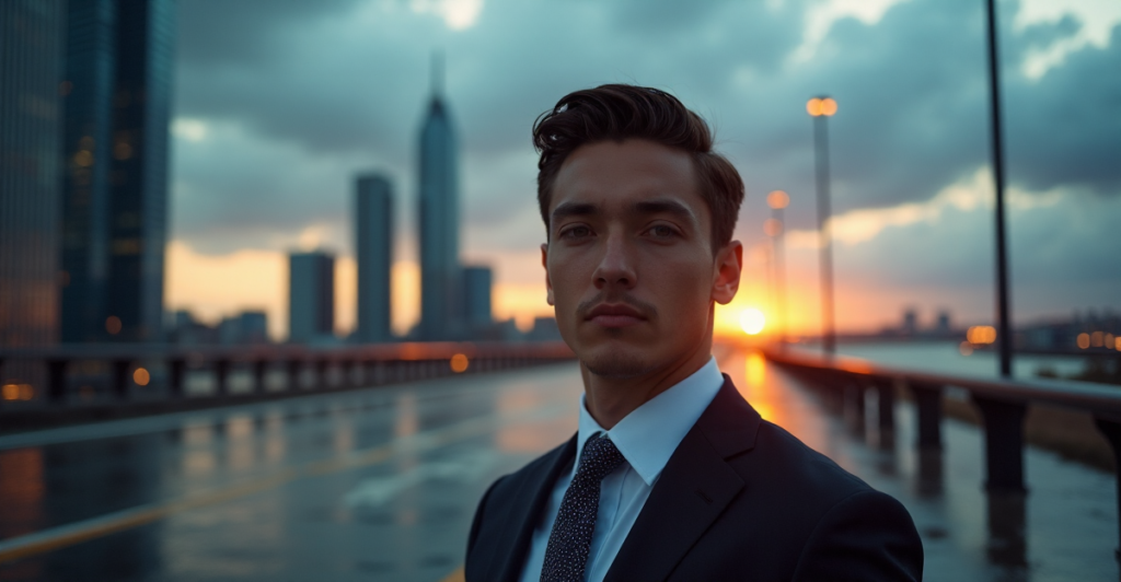 "A young professional stands confidently at the edge of a cityscape, dressed in a tailored suit with subtle cryptocurrency-inspired accessories, gazing towards the horizon amidst a backdrop of partially cloudy skies and neon lights."