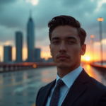 "A young professional stands confidently at the edge of a cityscape, dressed in a tailored suit with subtle cryptocurrency-inspired accessories, gazing towards the horizon amidst a backdrop of partially cloudy skies and neon lights."
