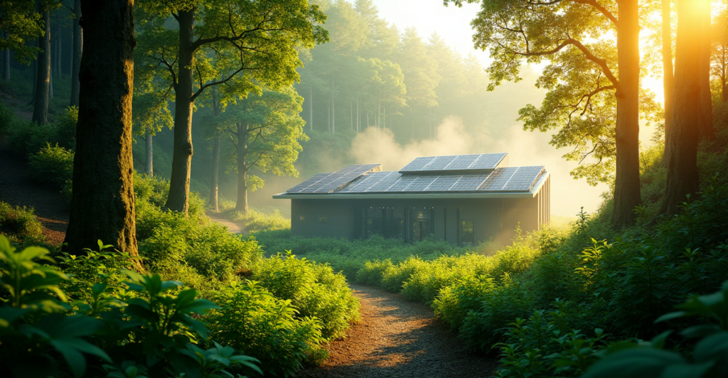 "A lush forest ecosystem surrounds a solar-powered cryptocurrency mining facility, showcasing sustainable growth through clean energy and cutting-edge technology."