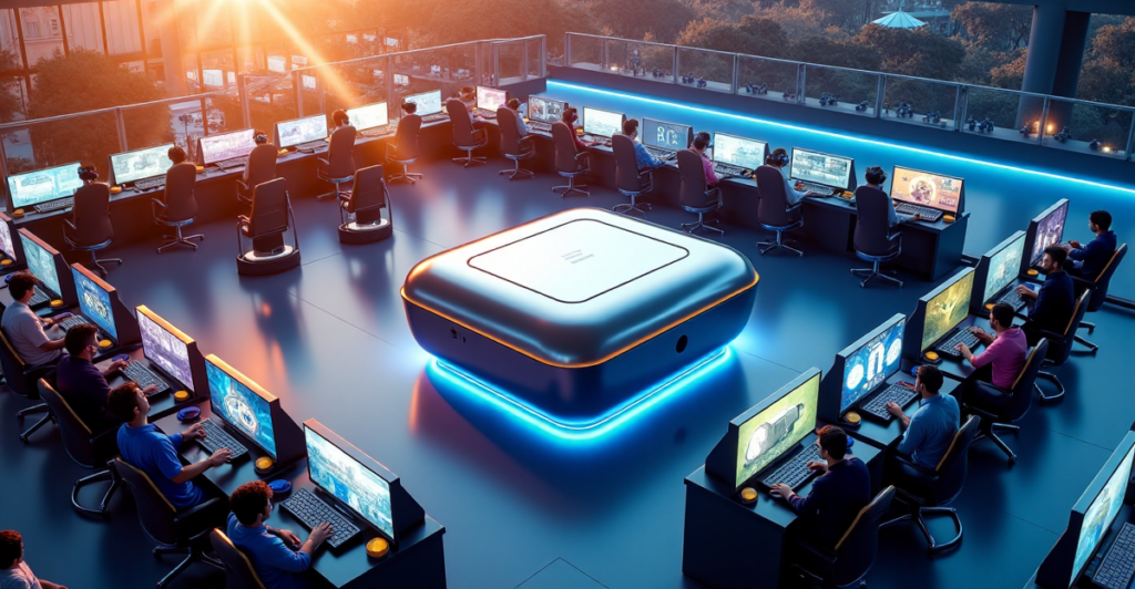 "A futuristic gaming arena with a central crypto exchange terminal surrounded by VR gamers, conveying cutting-edge innovation and limitless possibility in emerging crypto adoption trends 2025."