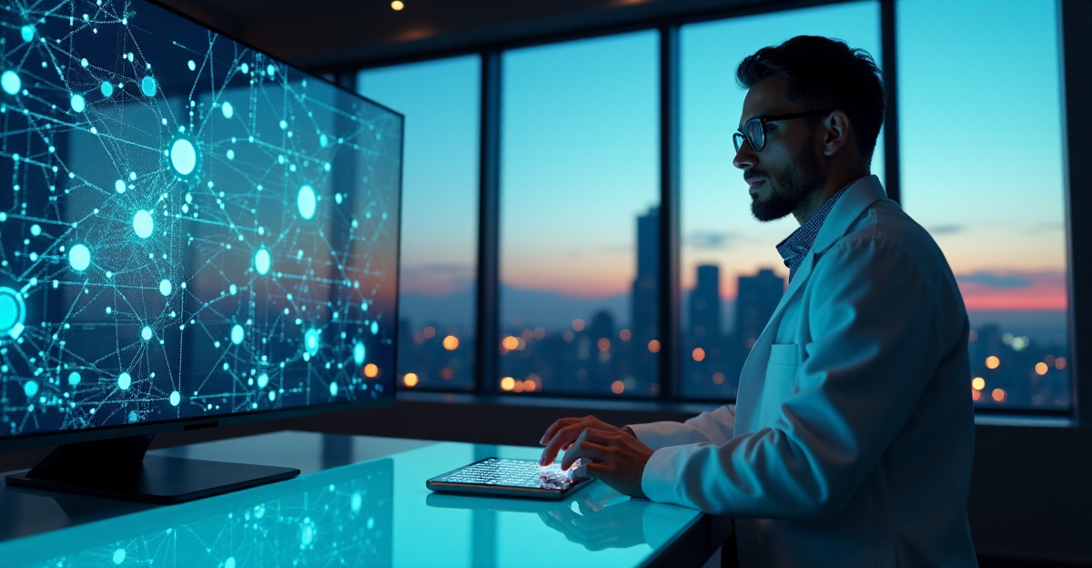 A scientist stands confidently beside a computer screen displaying blockchain nodes in a high-tech laboratory with a cityscape view at dusk.