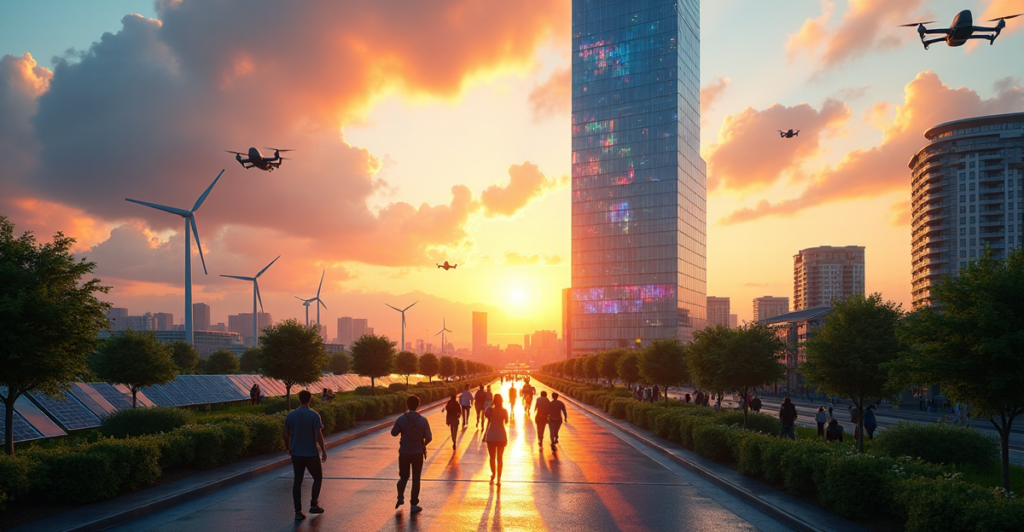 "A futuristic cityscape at sunset, showcasing a sleek skyscraper representing emerging technologies, surrounded by lush greenery, solar panels, and sustainable growth."