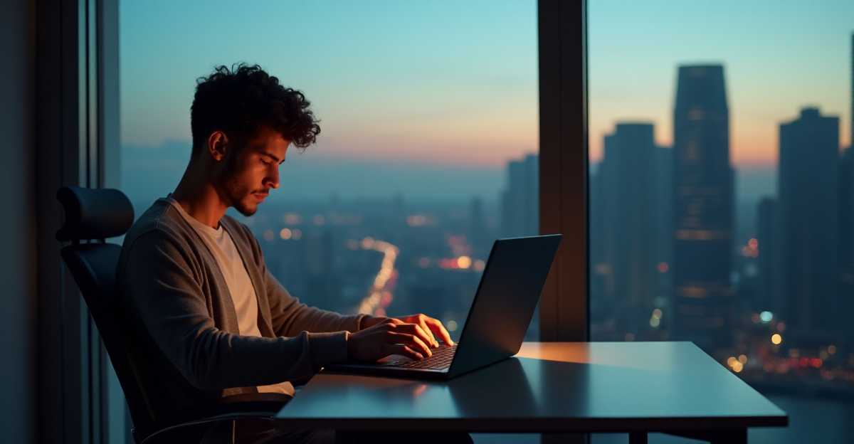 A young adult sits in a minimalist office, intently studying a laptop displaying financial data amidst a cityscape at dusk, conveying focus and determination on navigating cryptocurrency markets through education.
