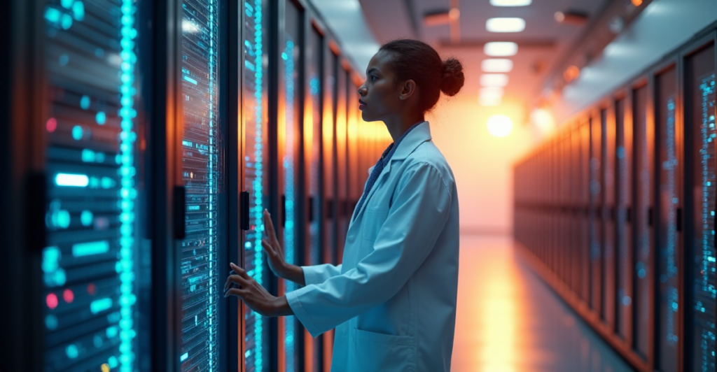 "A young scientist stands confidently beside a massive blockchain server in a futuristic laboratory, surrounded by LED lights and digital representations of crypto adoption trends 2025."
