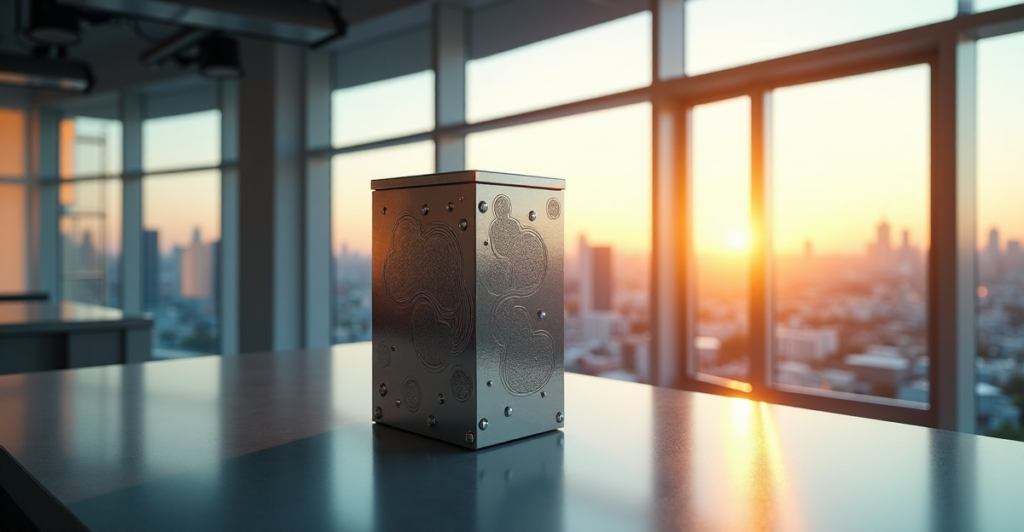 "A futuristic voting booth with a sleek silver ballot box adorned with blockchain-inspired patterns, situated in a modern polling station amidst a bustling cityscape."