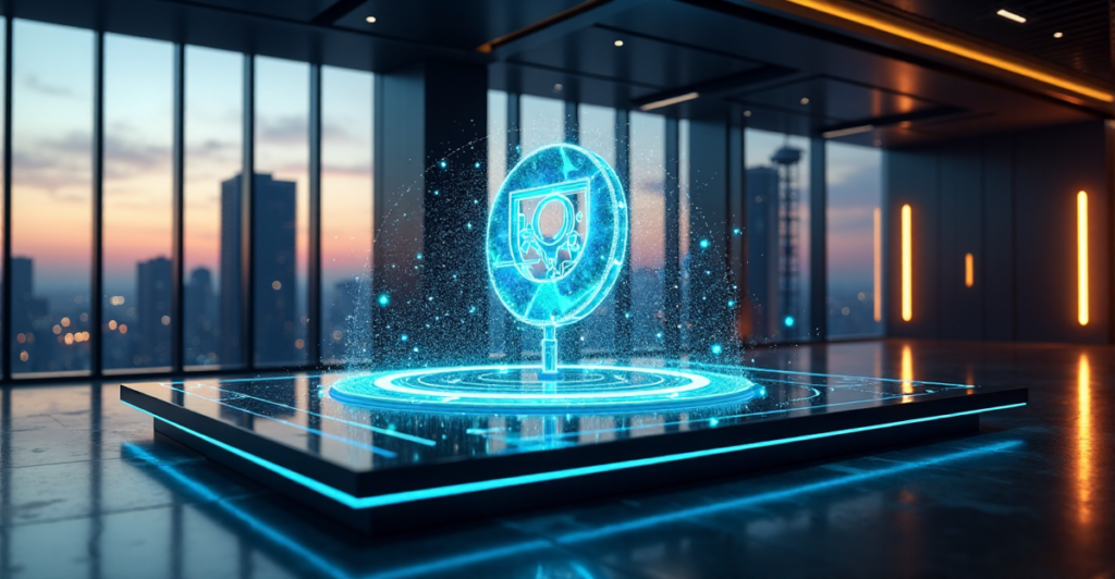 A futuristic cryptocurrency trading floor with a sleek computer terminal displaying a 3D holographic DeFi ecosystem, set against a cityscape backdrop at dusk.