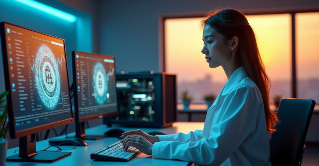 A young woman in a lab coat examines cryptocurrency data on multiple screens amidst futuristic equipment, with NFT visuals and blockchain trends displayed prominently.