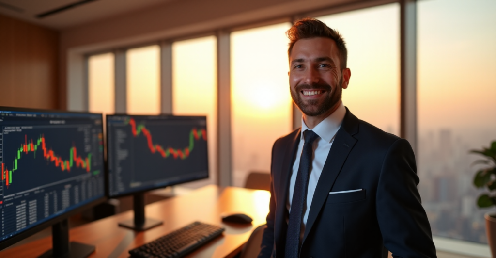 "A successful business owner stands confidently in front of a cryptocurrency trading terminal, surrounded by modern technology and warm golden hour lighting."