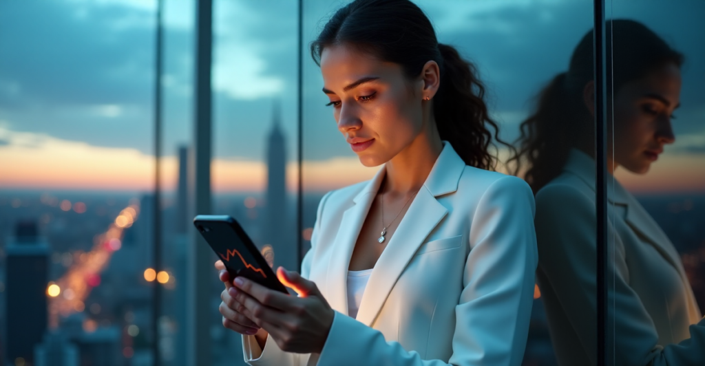 "A young entrepreneur stands confidently in front of a cityscape at dusk, gazing intently at a smartphone displaying crypto adoption trends 2025."