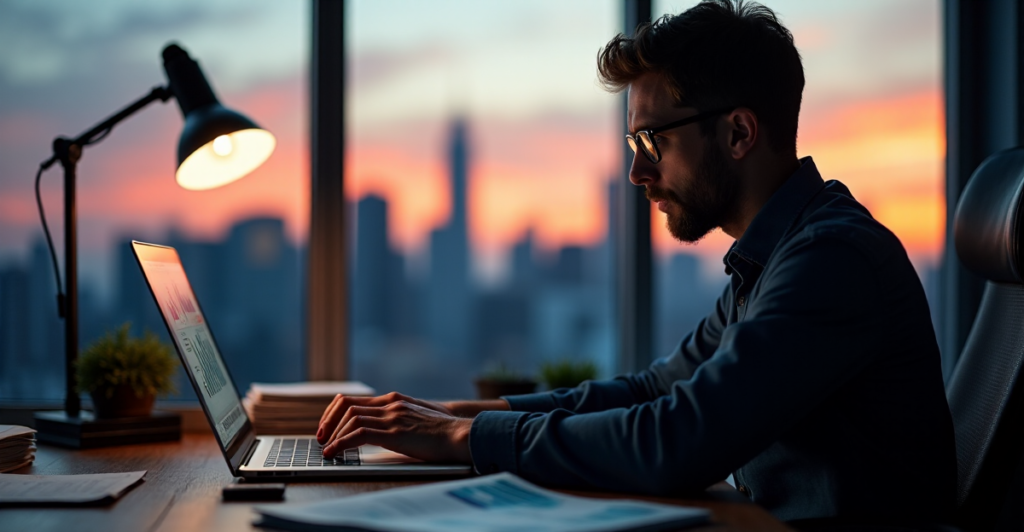 "A person intensely focuses on cryptocurrency market trends, surrounded by financial materials in a dimly lit office with a blurred cityscape at dusk."