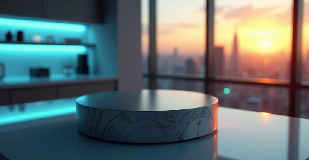 A sleek silver blockchain node sits atop a minimalist glass desk in a modern laboratory environment with subtle blue glow and stunning cityscape view at sunset.