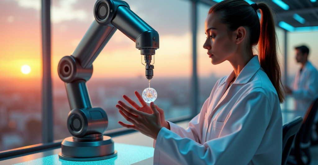 "A young female scientist stands confidently in a futuristic laboratory, surrounded by cutting-edge technology, with a robotic arm holding a 3D-printed molecular model."