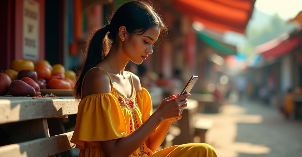 "A young woman from an underprivileged community sits on a vibrant marketplace bench, holding her smartphone displaying a cryptocurrency wallet app, surrounded by colorful stalls selling local produce and handicrafts."