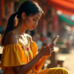 "A young woman from an underprivileged community sits on a vibrant marketplace bench, holding her smartphone displaying a cryptocurrency wallet app, surrounded by colorful stalls selling local produce and handicrafts."