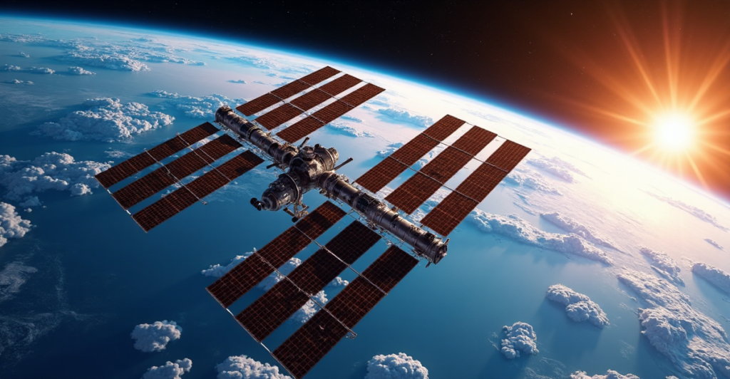 "Image of the International Space Station in orbit around a spherical Earth at sunset, highlighting global collaboration and innovation."