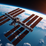 "Space Exploration Milestones: Redefining Global Frontiers Through Innovation" "Image of the International Space Station in orbit around a spherical Earth at sunset, highlighting global collaboration and innovation."
