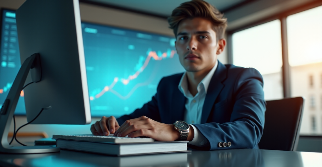 "A young adult in modern business attire sits at a desk with cryptocurrency trading books and a computer displaying blockchain network diagram, conveying confidence and expertise in navigating crypto adoption trends 2025."