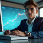 "A young adult in modern business attire sits at a desk with cryptocurrency trading books and a computer displaying blockchain network diagram, conveying confidence and expertise in navigating crypto adoption trends 2025."