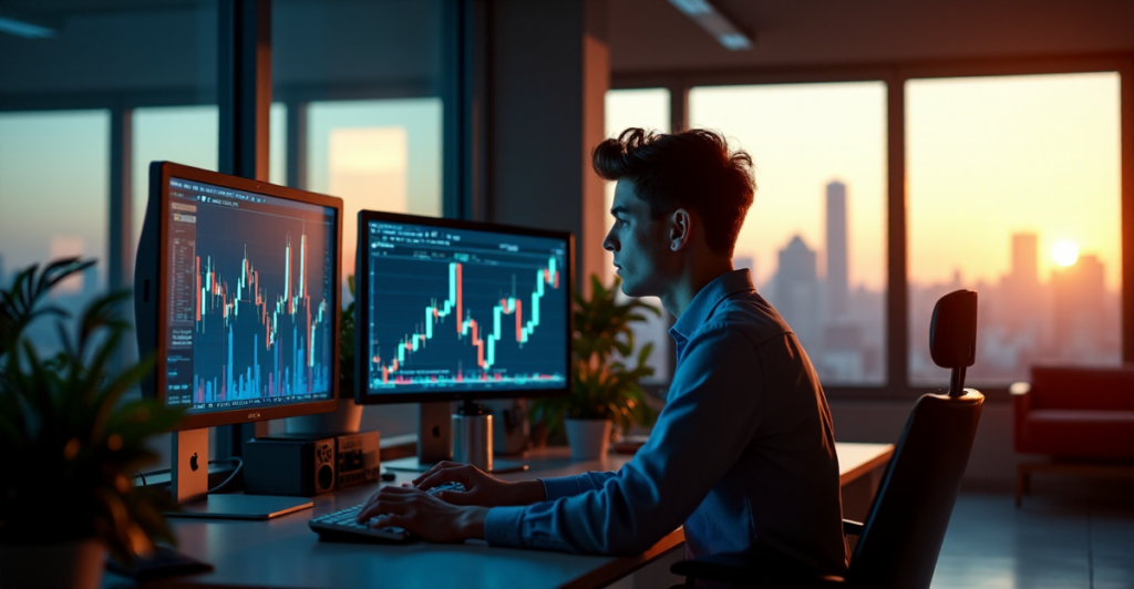 "A young trader intensely monitors cryptocurrency market trends on multiple screens in a dimly lit trading floor with city views."