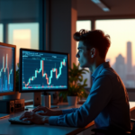 Navigating Market Dynamics for Crypto Success: Essential Insights for Traders and Investors "A young trader intensely monitors cryptocurrency market trends on multiple screens in a dimly lit trading floor with city views."