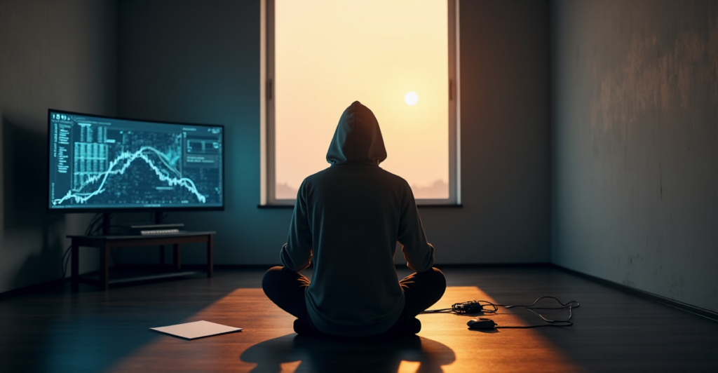 "A person sits in a dimly lit room, intensely navigating cryptocurrency transactions on their laptop amidst scattered notes and wires."