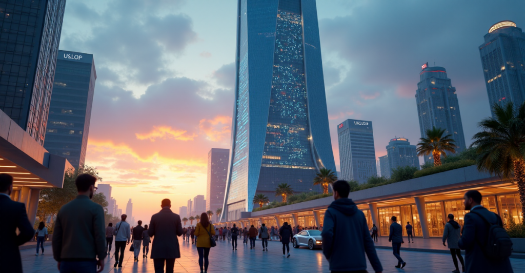 "Image description: A futuristic cityscape at dusk featuring a sleek skyscraper with blockchain-integrated LED lights, surrounded by diverse people navigating through an augmented reality interface."