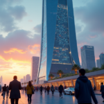 "Image description: A futuristic cityscape at dusk featuring a sleek skyscraper with blockchain-integrated LED lights, surrounded by diverse people navigating through an augmented reality interface."