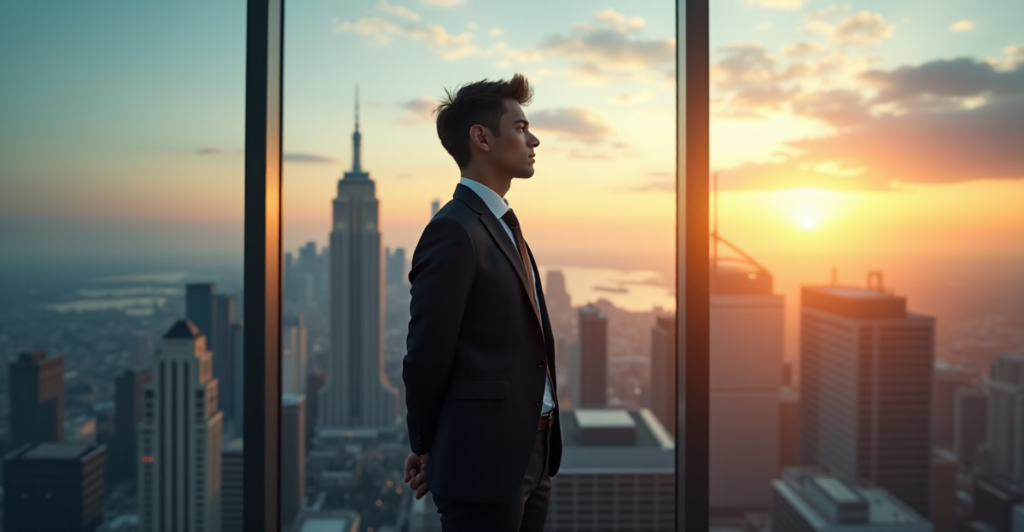 "A young professional stands confidently in front of a cityscape at dusk, contemplating cryptocurrency market trends and regulation."