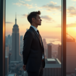 Navigating Regulation to Market Trends: Key Drivers of Crypto Evolution "A young professional stands confidently in front of a cityscape at dusk, contemplating cryptocurrency market trends and regulation."