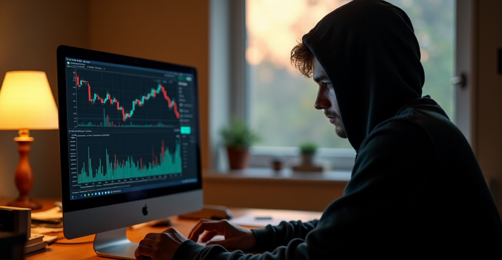 "A person sits intensely focused on a cryptocurrency exchange interface, surrounded by cluttered desk and dimly lit room, conveying urgency and importance amidst growing crypto adoption trends 2025."