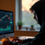 "A person sits intensely focused on a cryptocurrency exchange interface, surrounded by cluttered desk and dimly lit room, conveying urgency and importance amidst growing crypto adoption trends 2025."