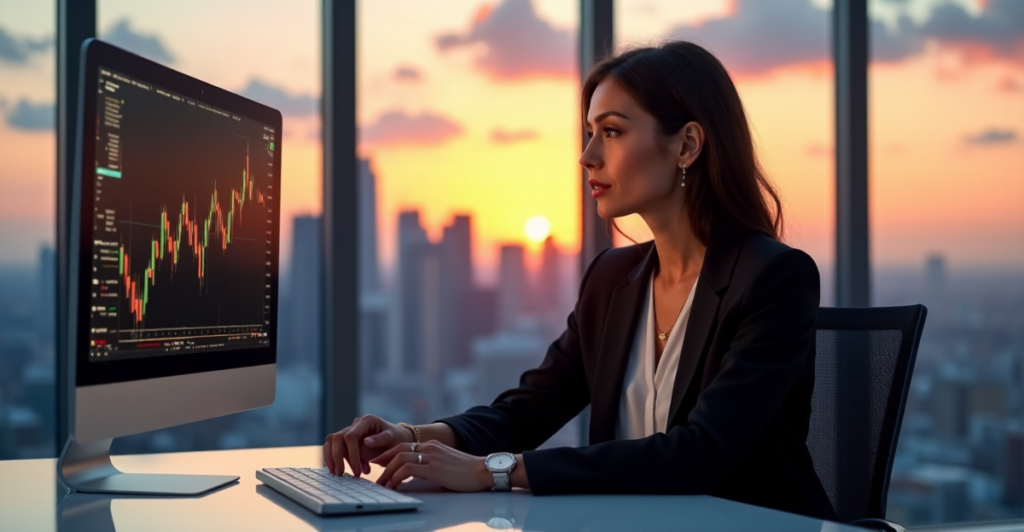 "A confident businesswoman sits at a modern desk, analyzing cryptocurrency market trends on her computer screen amidst a stunning cityscape at sunset."