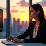 Develop a Winning Crypto Marketing Strategy with Our Expert Guidance "A confident businesswoman sits at a modern desk, analyzing cryptocurrency market trends on her computer screen amidst a stunning cityscape at sunset."