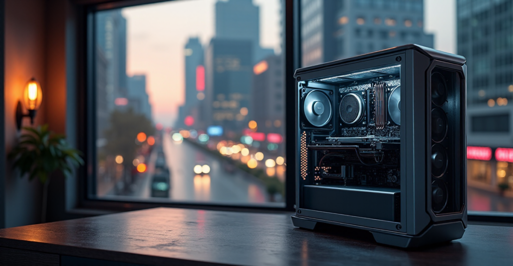 "A sleek cryptocurrency mining rig on a minimalist industrial desk, illuminated by warm golden hour lighting in a cityscape at dusk."