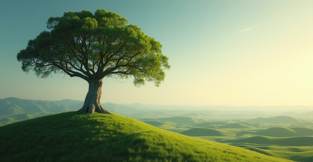 "A serene landscape of a majestic tree standing tall on a hill overlooking an undulating plain, symbolizing balance between regulation and decentralization, like cryptocurrency's need for governance."