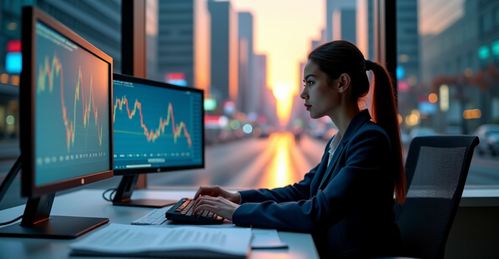 "A young professional woman intensely monitors cryptocurrency market trends and regulations on multiple computer screens amidst a bustling cityscape."